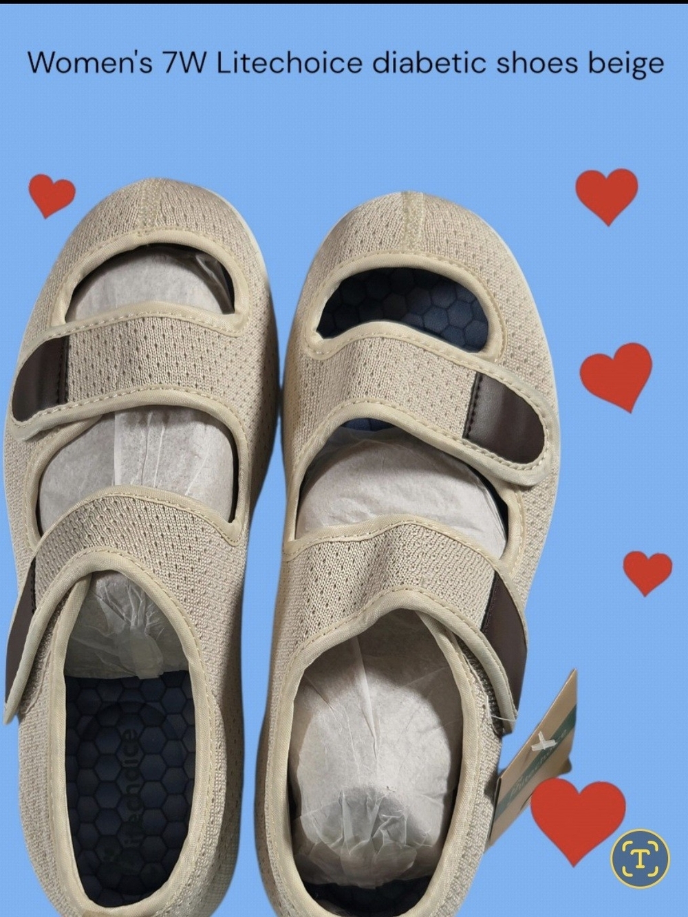 Plitechoice Beige Diabetic Womens 7W Shoes - Adjustable Mary Jane Style